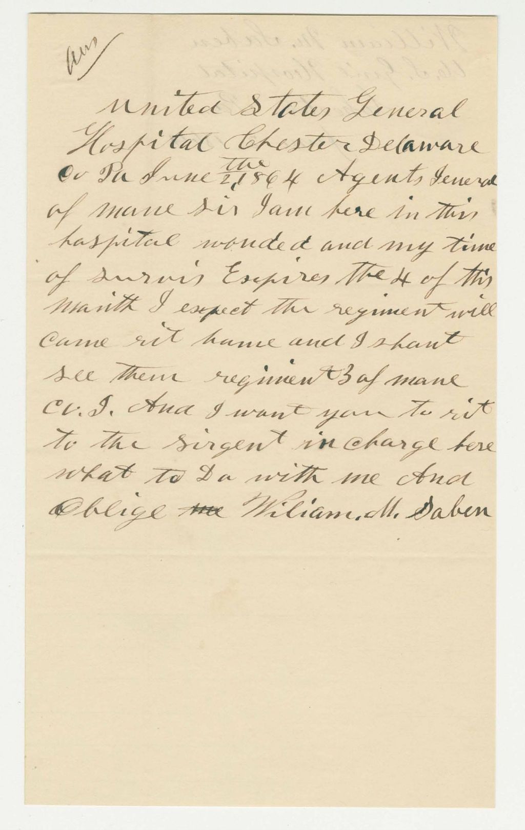 Miniature of William M. Sabin requests a discharge