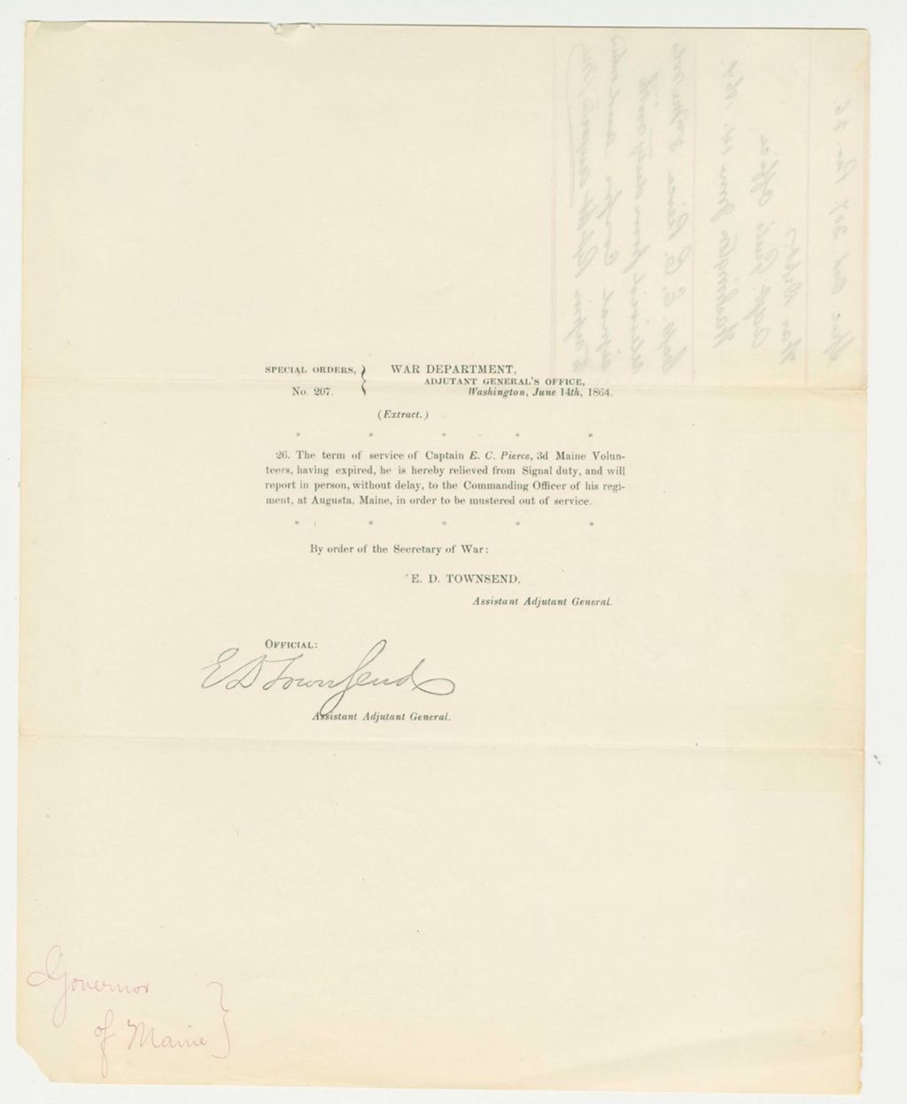 Miniature of Special Order 207 relieving Captain E.C. Pierce from Signal duty