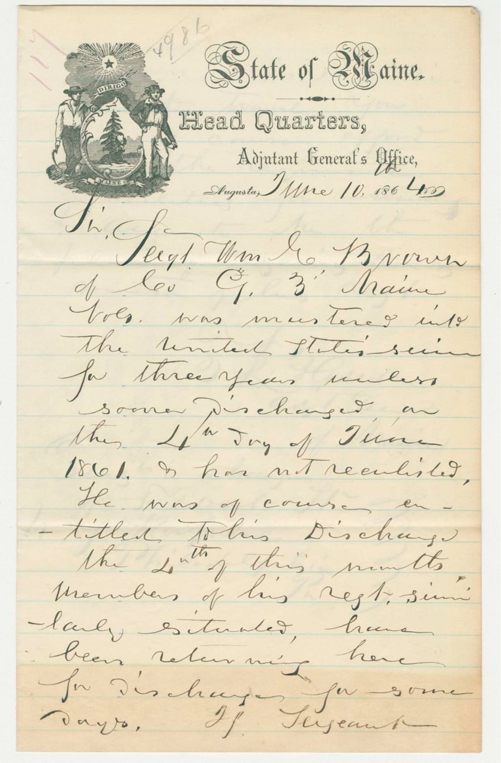 Miniature of Adjutant General Hodsdon certifies discharge of Sergeant William Brown