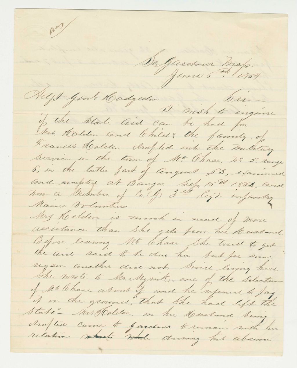 Miniature of Nelson Stockwell inquires about aid for the family of Francis and Abby Holden