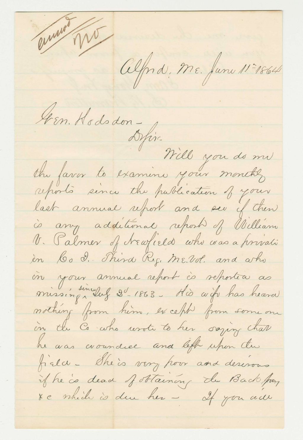Miniature of S. Hamilton inquires about William Palmer of Company I who has been missing since Gettysburg