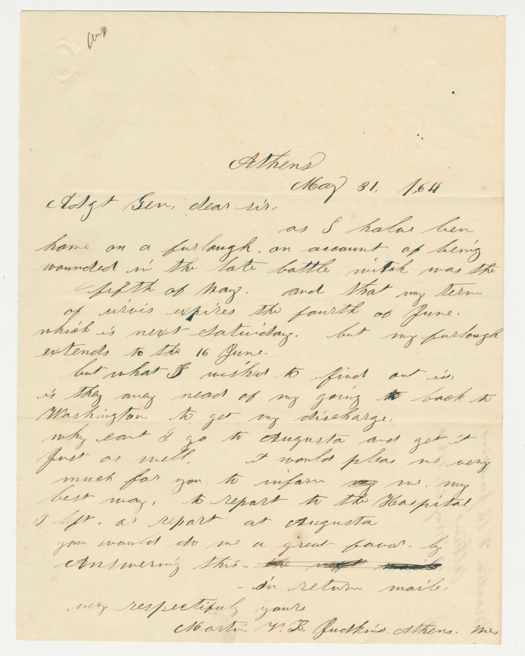 Miniature of Martin V.B. Judkins wishes to go to Augusta for his discharge
