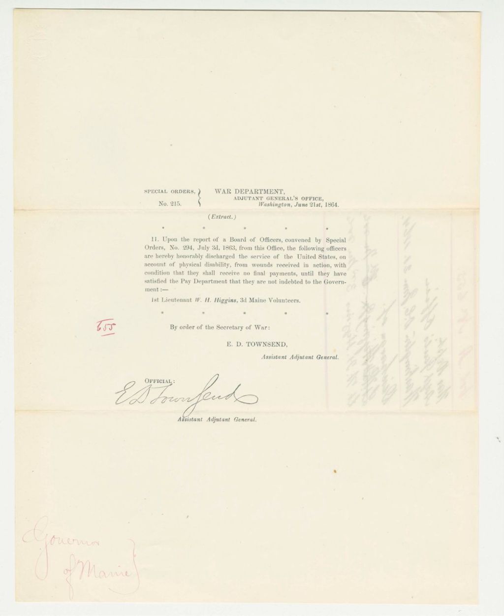 Miniature of Special Order 215 honorably discharging Lieutenant W.H. Higgins