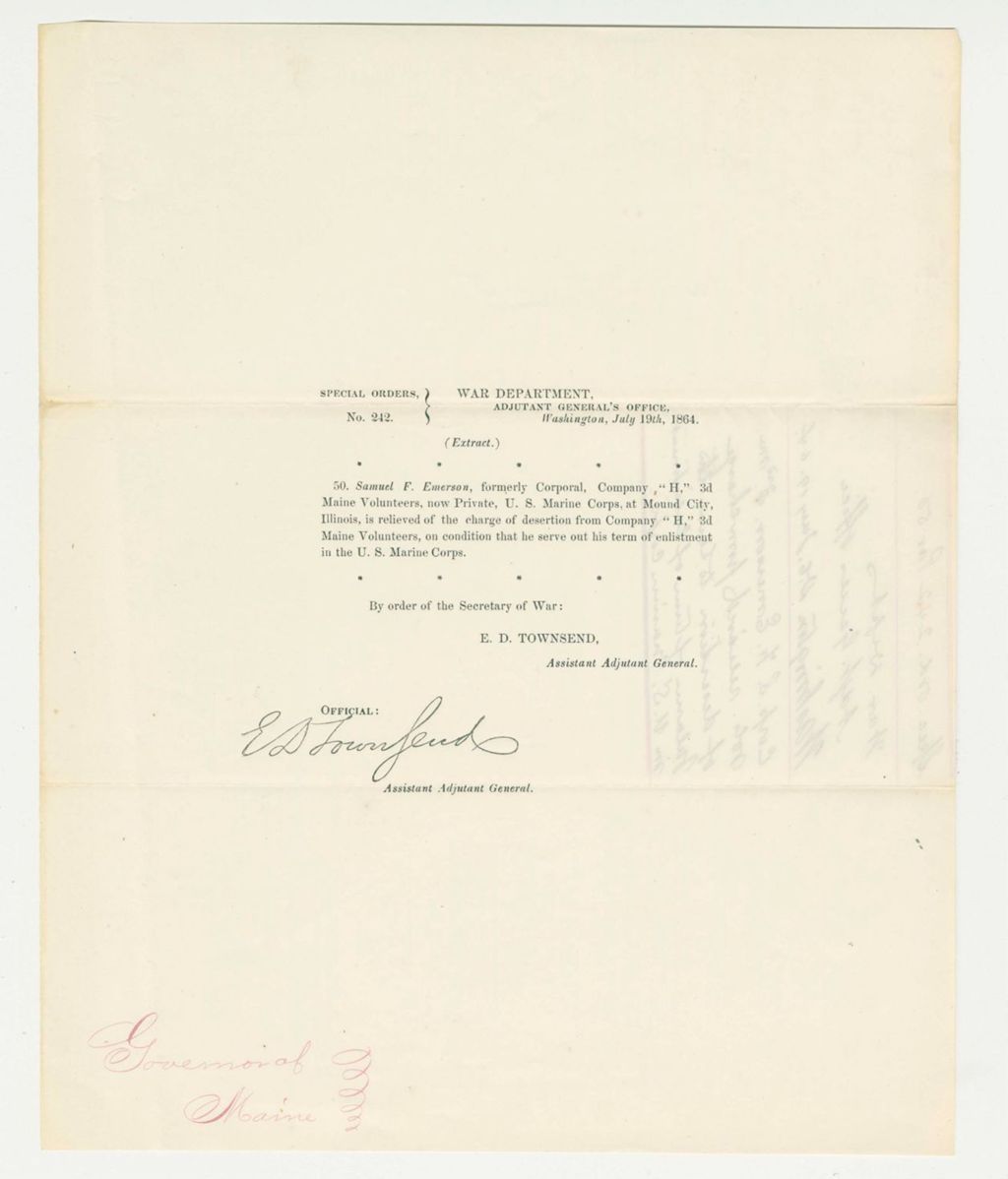 Miniature of Special Order 242 removing charge of desertion from Samuel F. Emerson
