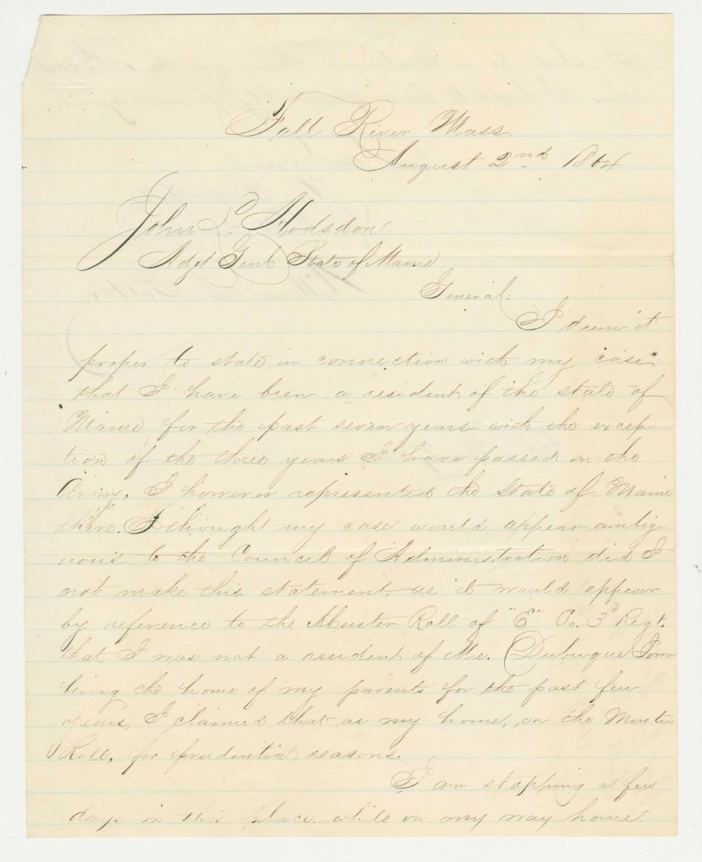 Miniature of William Potter writes Adjutant General Hodsdon about his enlistment