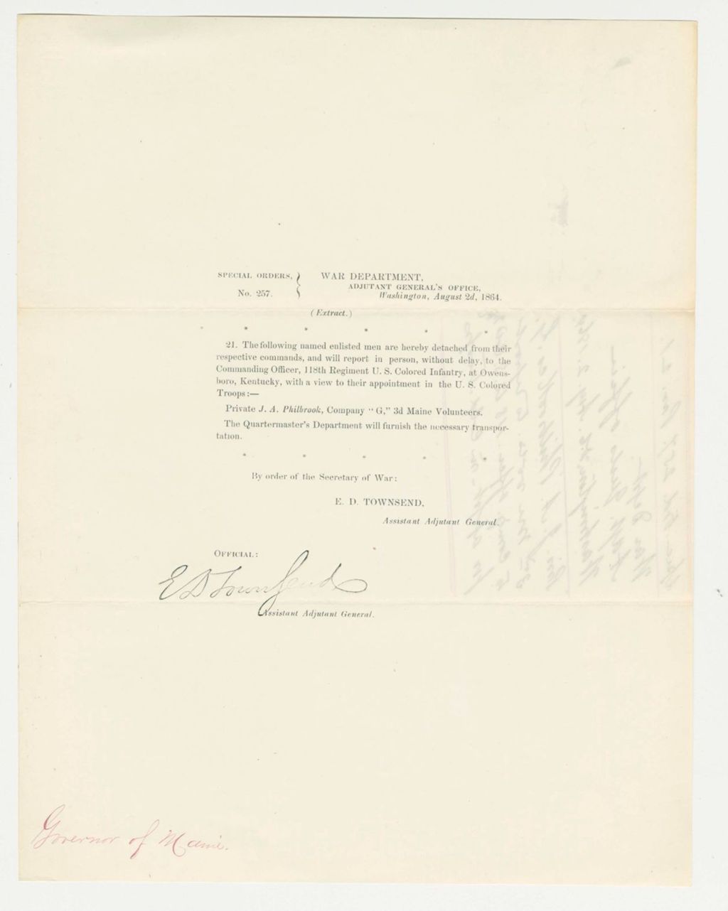 Miniature of Special Order 257 appointing J.A. Philbrook to the U.S. Colored Troops