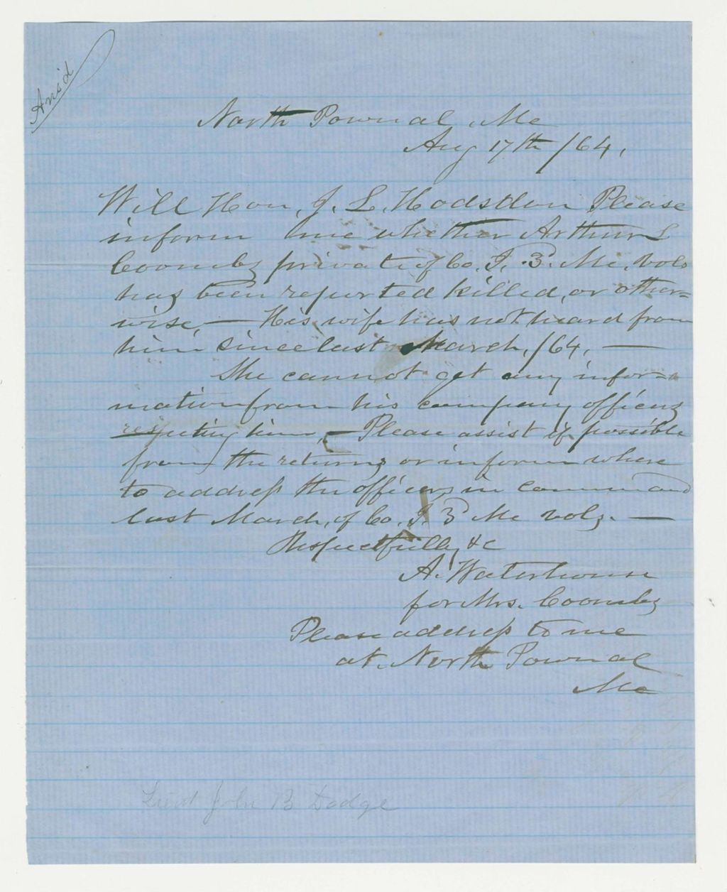 Miniature of A. Waterhouse inquires whether Arthur L. Coombs was reported killed