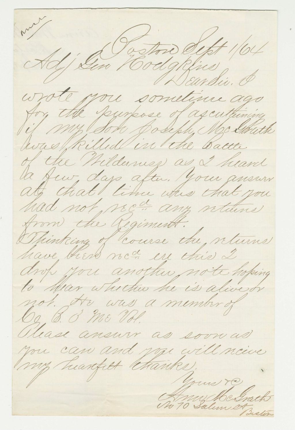 Miniature of Ann McGrath inquires if her son Joseph was killed at the Battle of the Wilderness