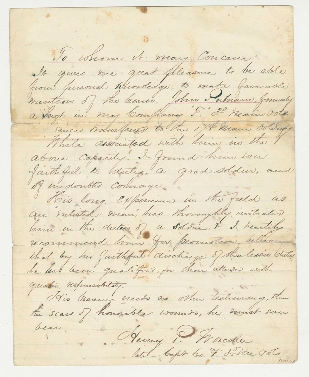 Miniature of Captain Henry P. Worcester recommends John Putnam for promotion