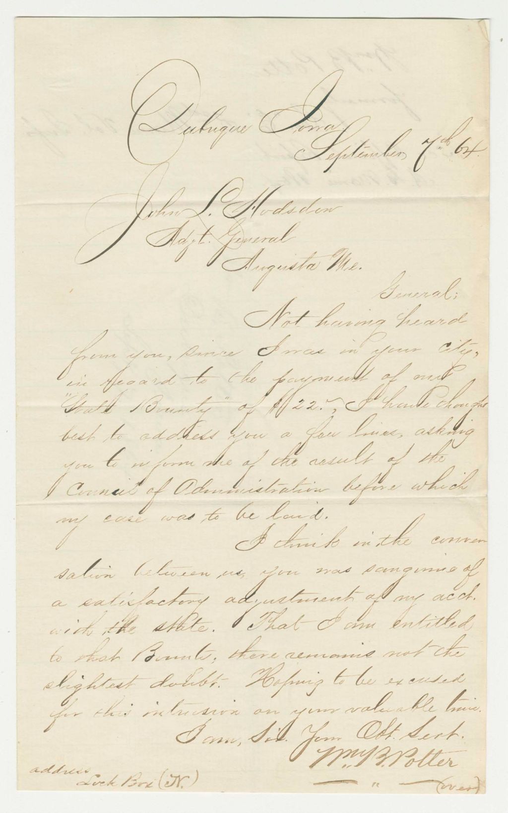 Miniature of William Potter inquires about his bounty payment