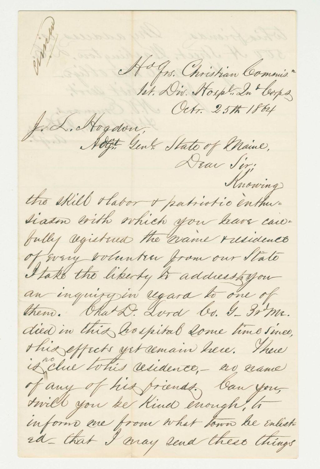 Miniature of H.V. Emmons inquires what to do with the belongings of the late Charles D. Lord of Company G
