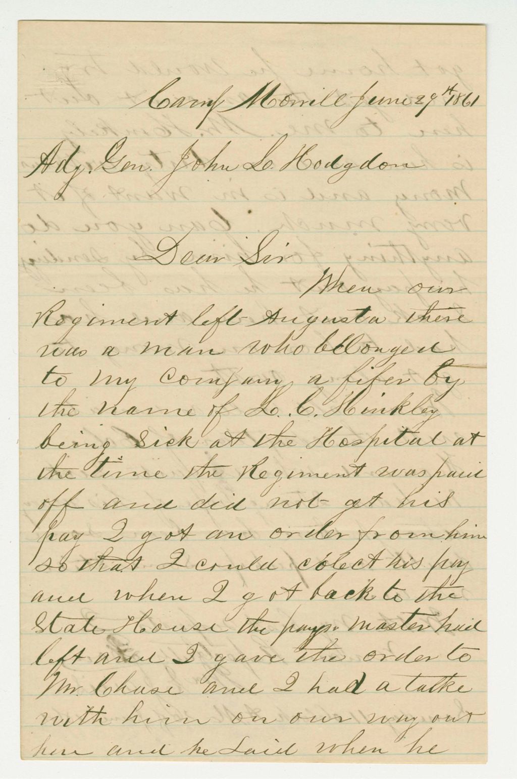 Miniature of William E. Jarvis requests pay for fifer L. Hinkley