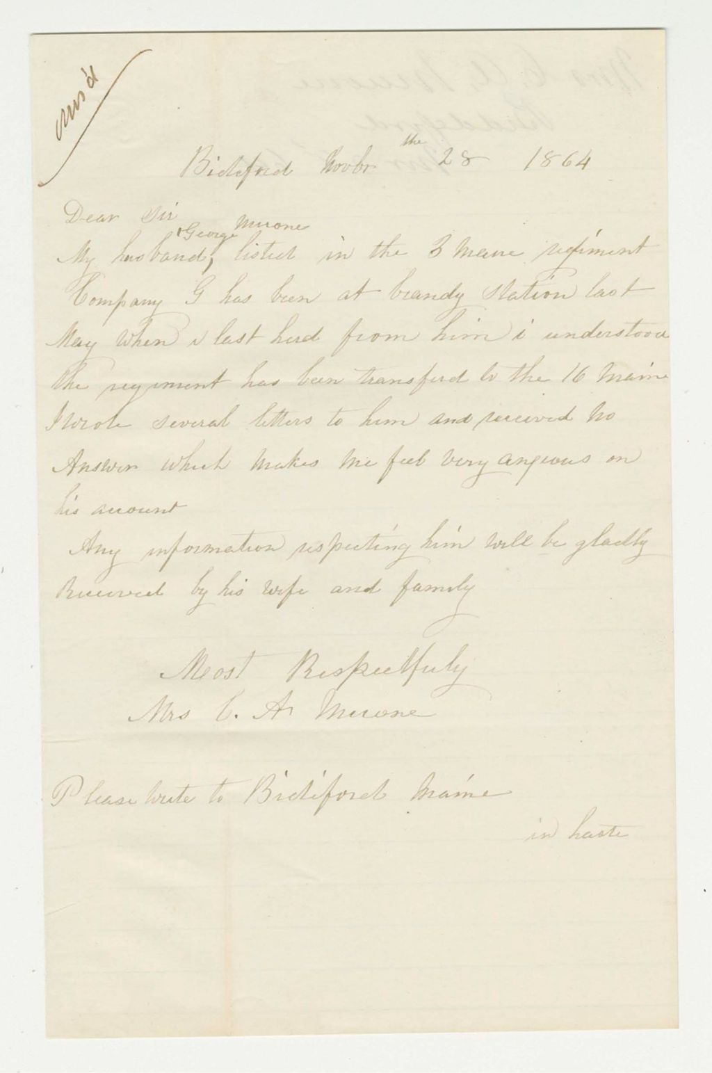 Miniature of Mrs. C.A. Murone inquires about her husband George