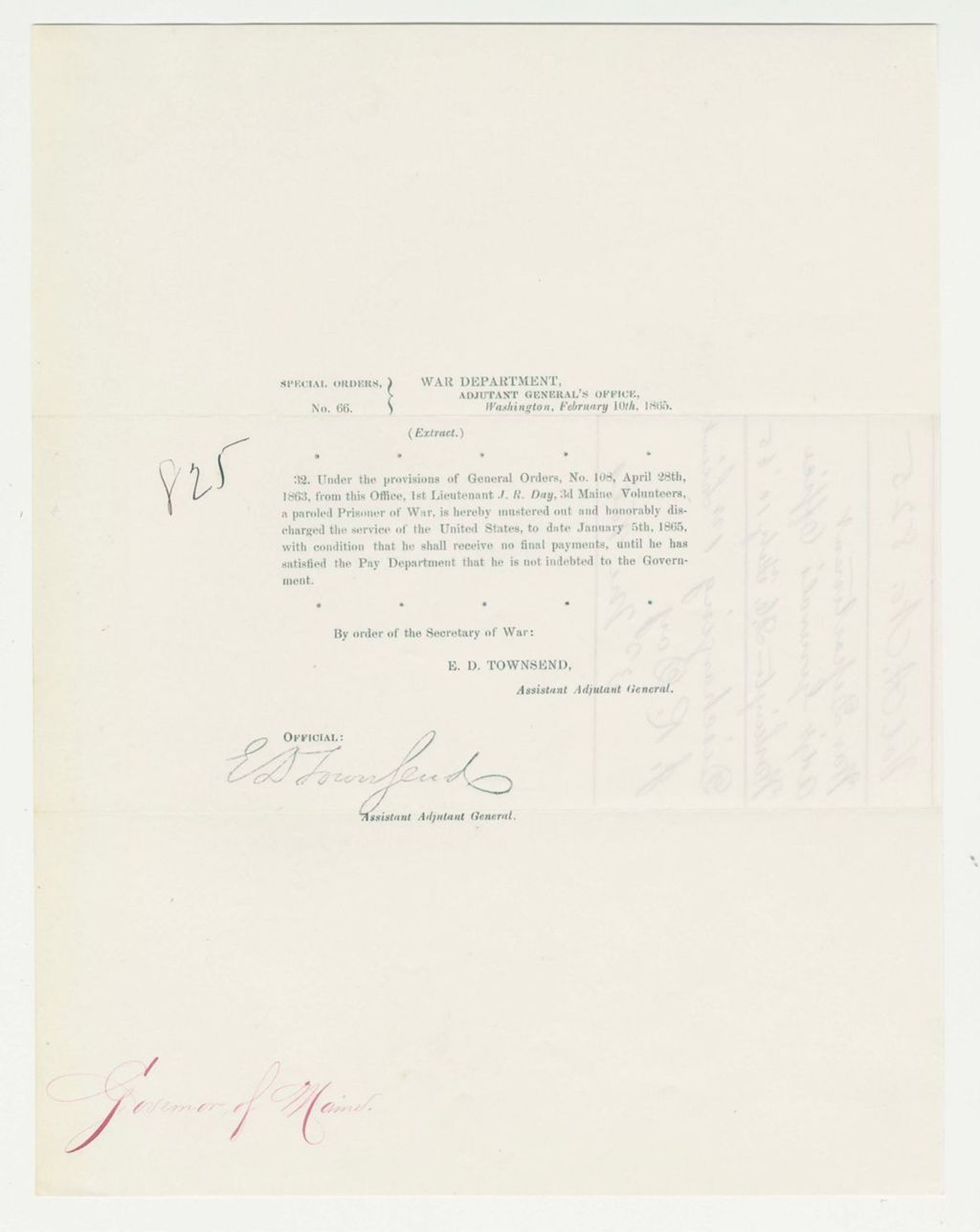 Miniature of Special Order 66 honorably discharging J.R. Day