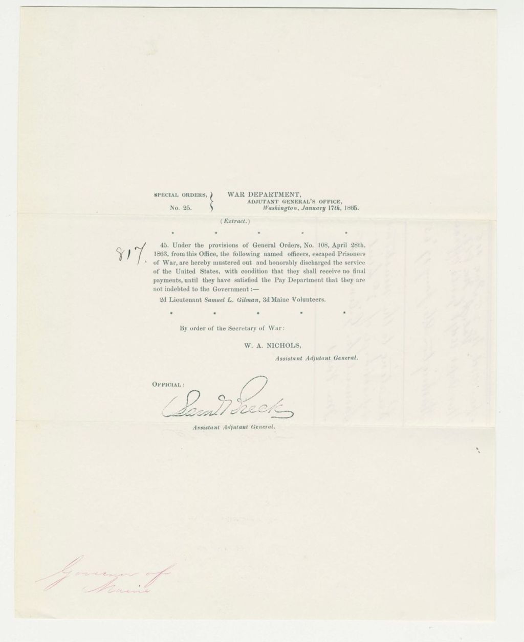 Miniature of Special Order 25 honorably discharging Samuel L. Gilman
