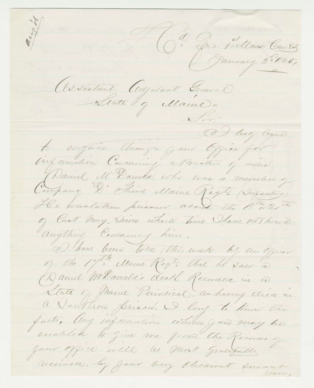 Miniature of D.M. McDonald inquires about his brother Daniel in Company D