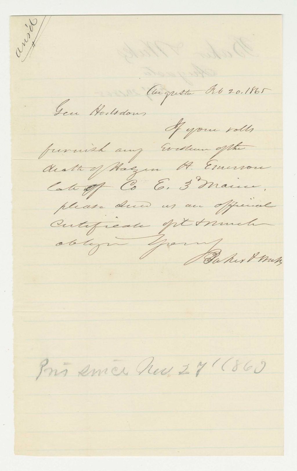 Miniature of Baker & Weeks inquire about death of Hazen Emerson of Company E