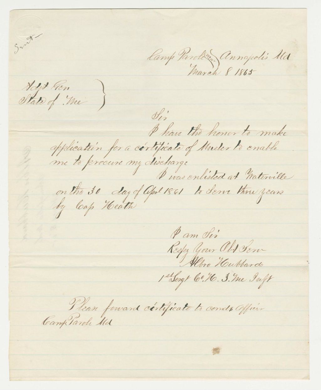 Miniature of Albro Hubbard requests a certificate of muster