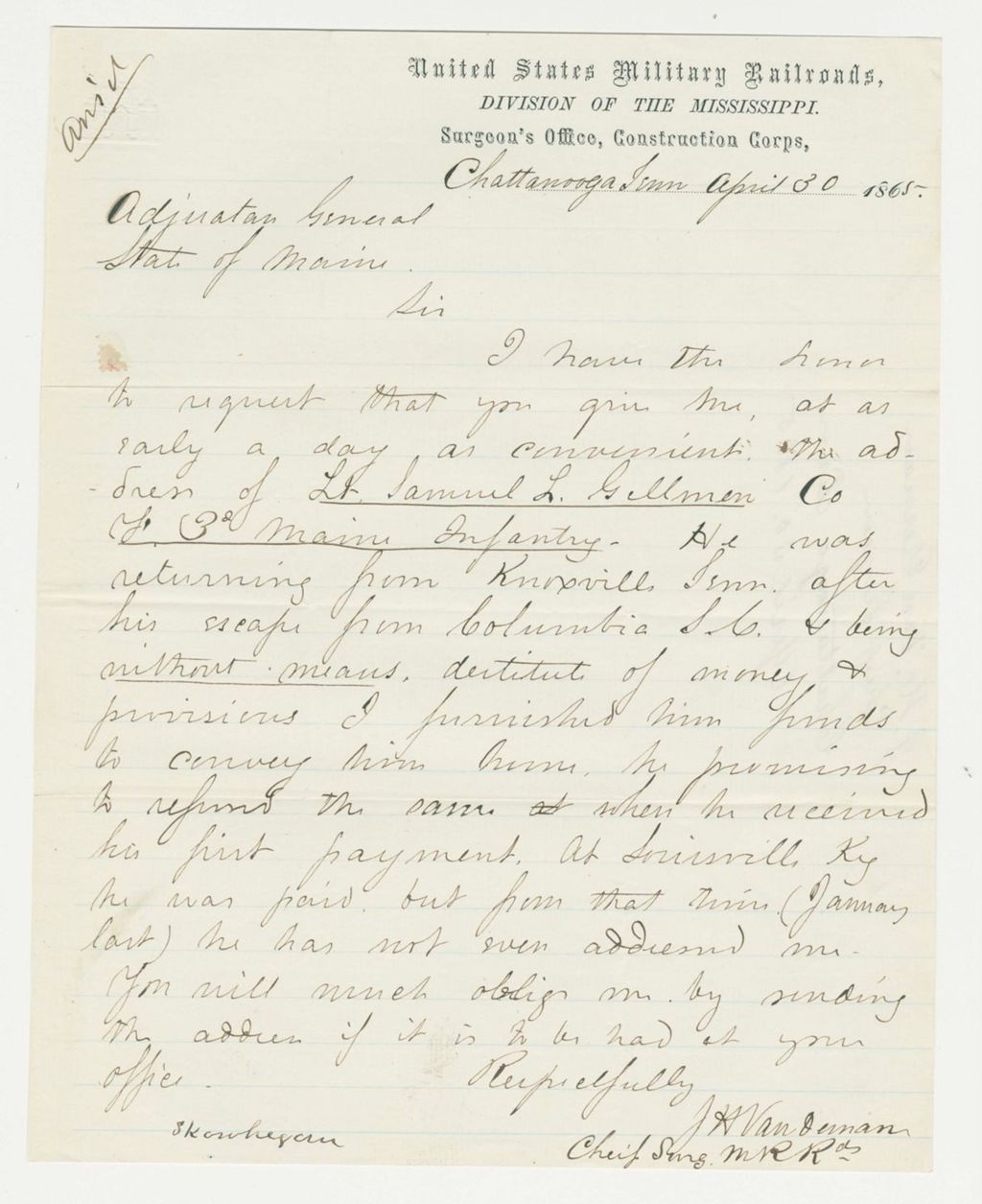 Miniature of Chief Surgeon J.H. Van Dernan requests the address of Samuel L. Gillman