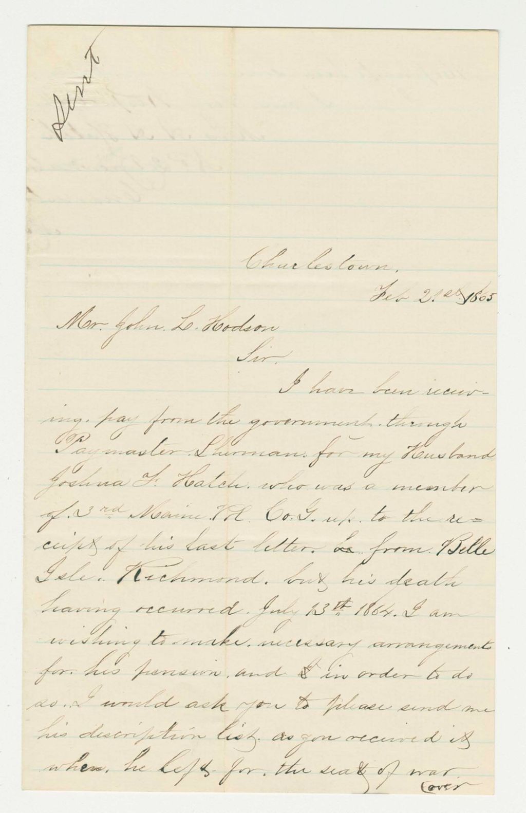Miniature of Mrs. A.A. Hatch requests aid obtaining her husband's pension