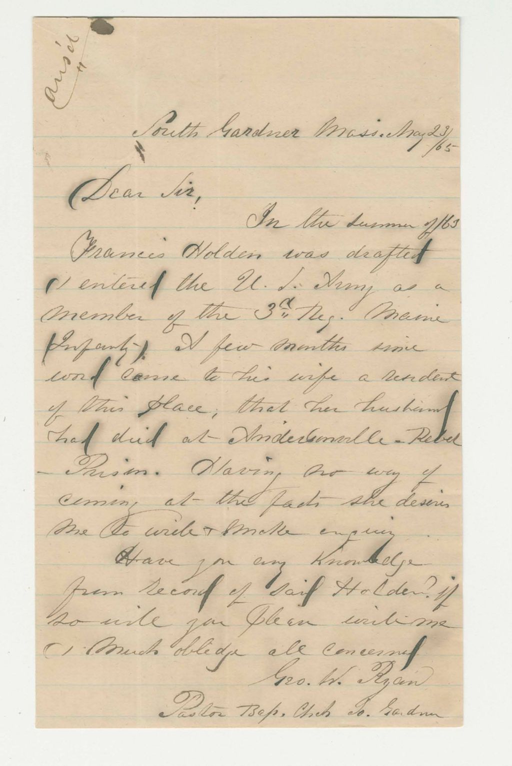 Miniature of Pastor George W. Ryan inquires about Francis Holden, prisoner at Andersonville