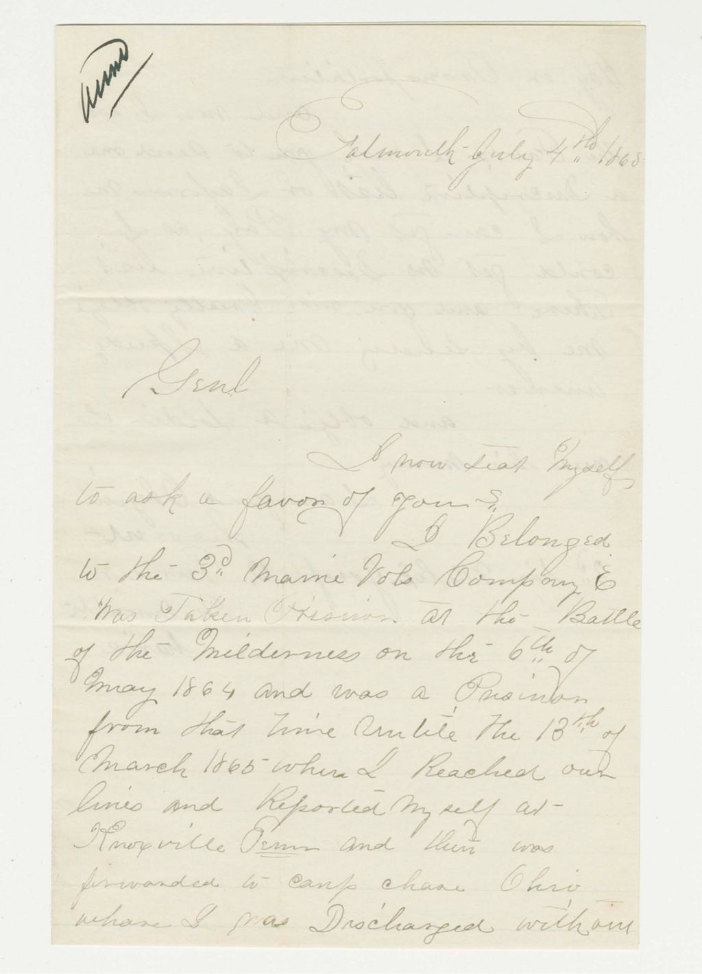 Miniature of Joseph Turner requests his descriptive list
