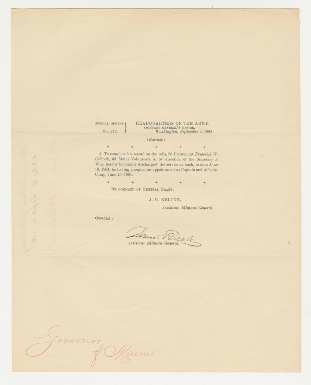 Miniature of Special Order 212 regarding Lieutenant Frederick W. Gilbreth