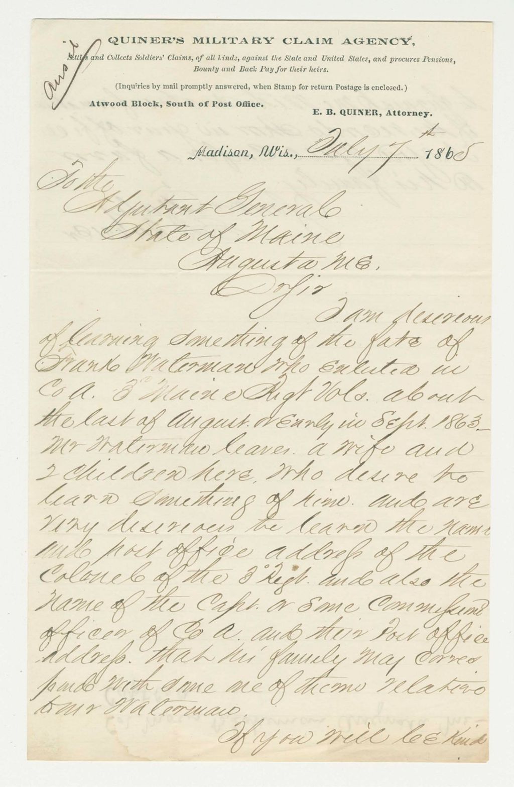 Miniature of E.B.Quiner inquires about the fate of Frank Waterman of Company A