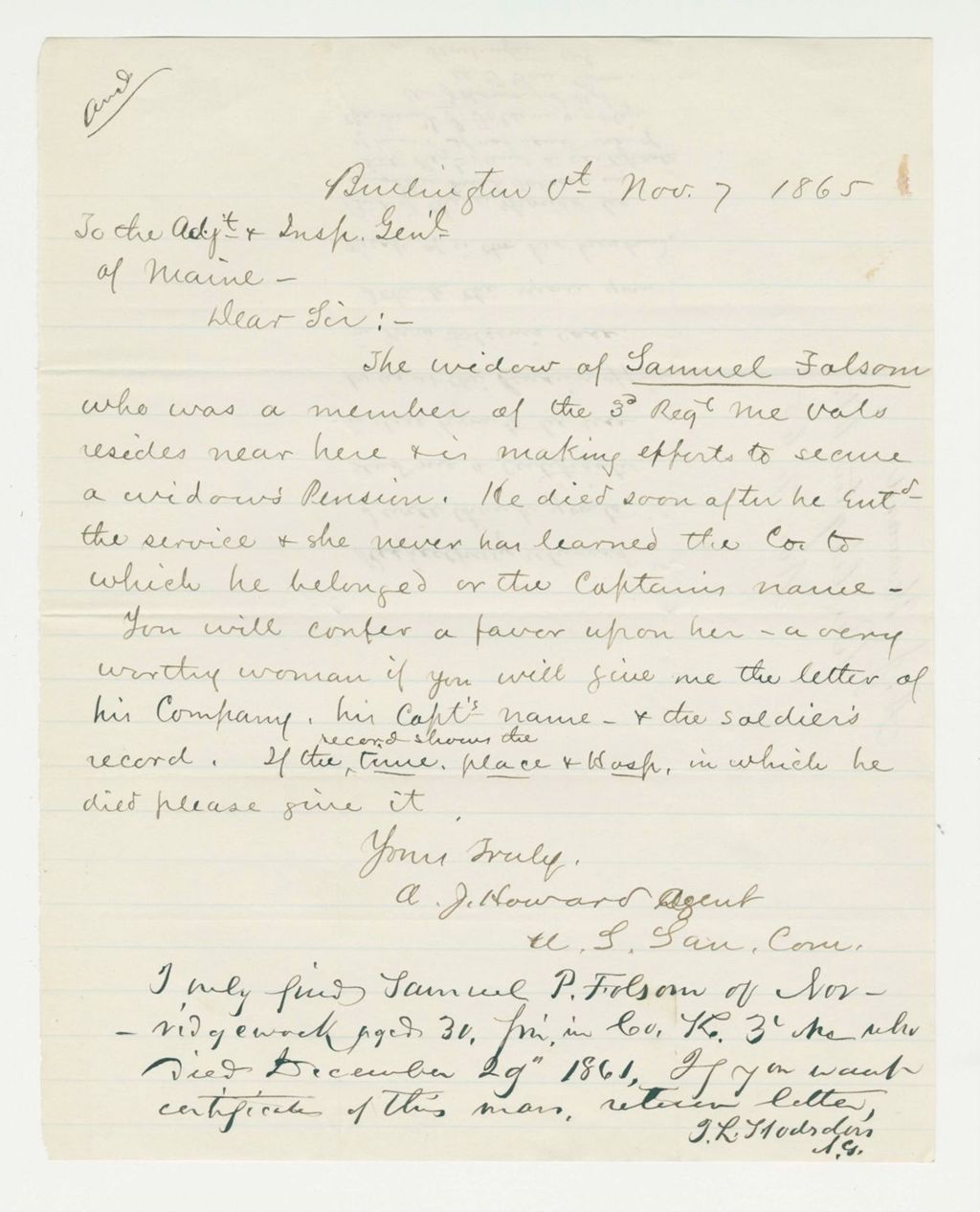 Miniature of A. Howard requests aid for widow of Samuel Folsom