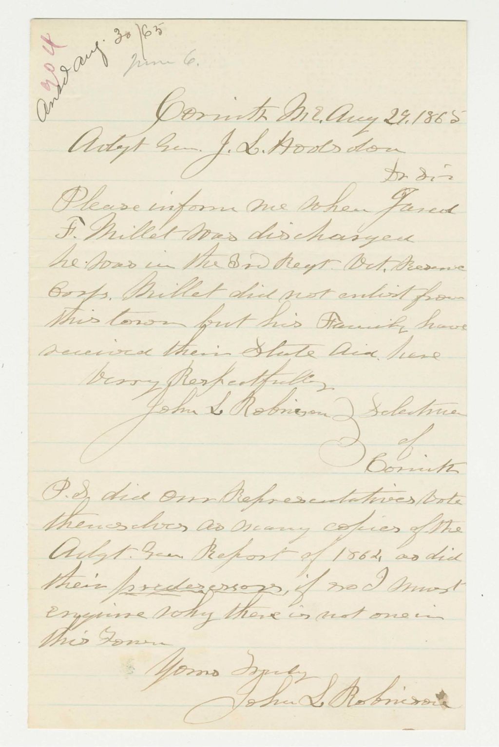 Miniature of John Robinson inquires about discharge of James Millet