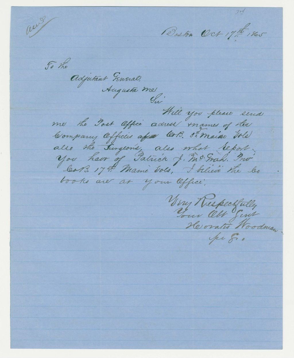 Miniature of Horatio Woodman inquires about Patrick McGrath