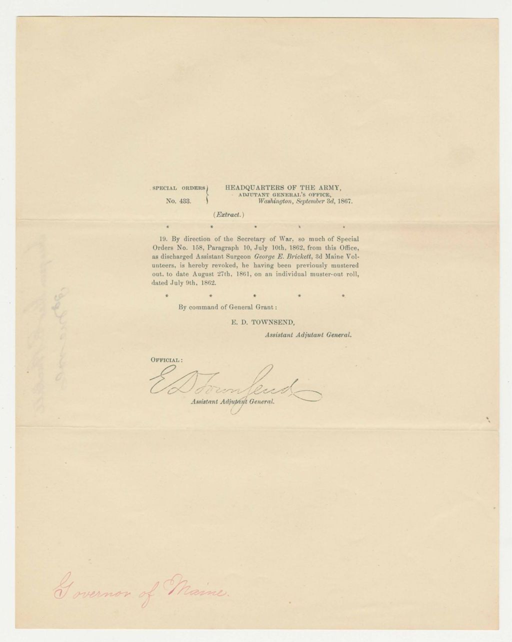 Miniature of Special Order 433 revoking discharge of Surgeon George E. Brickett, as he was previously mustered out