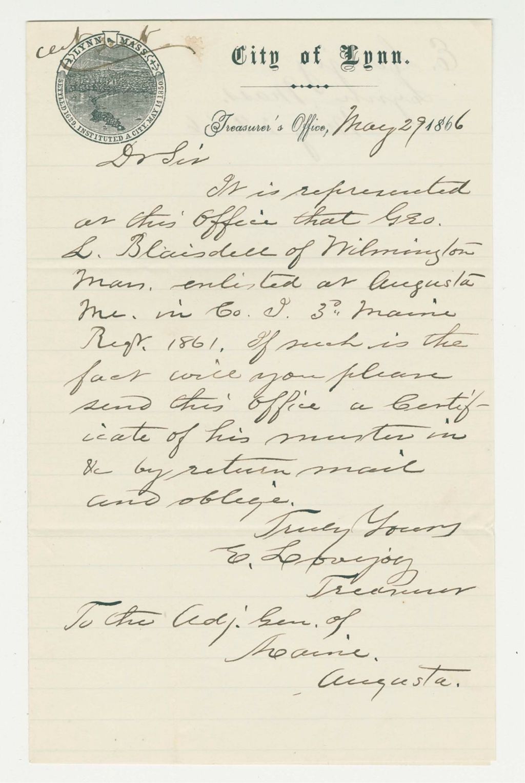 Miniature of E. Lovejoy certifies George L. Blaisdell's enlistment
