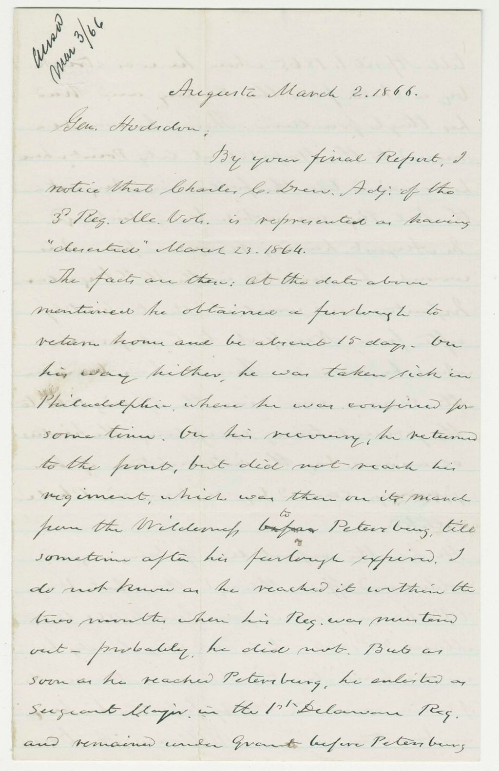 Miniature of William A. Drew reports that Charles G. Drew, Adjutant, was not a deserter
