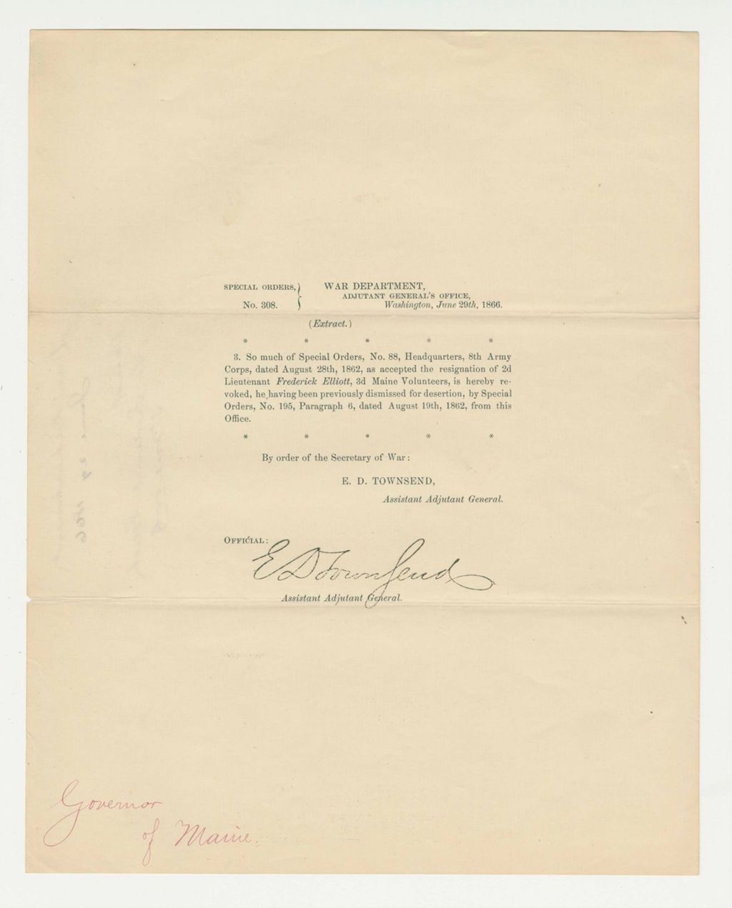 Miniature of Special Order 308 revoking acceptance of the resignation of Frederick Elliott
