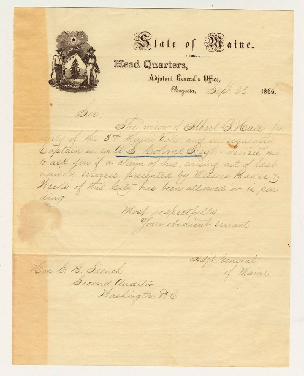 Miniature of Adjutant General inquires if the application for pension for widow of Albert B. Hall is pending