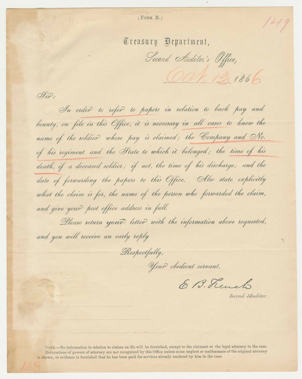 Miniature of Auditor form letter regarding requests for back pay and bounty payments