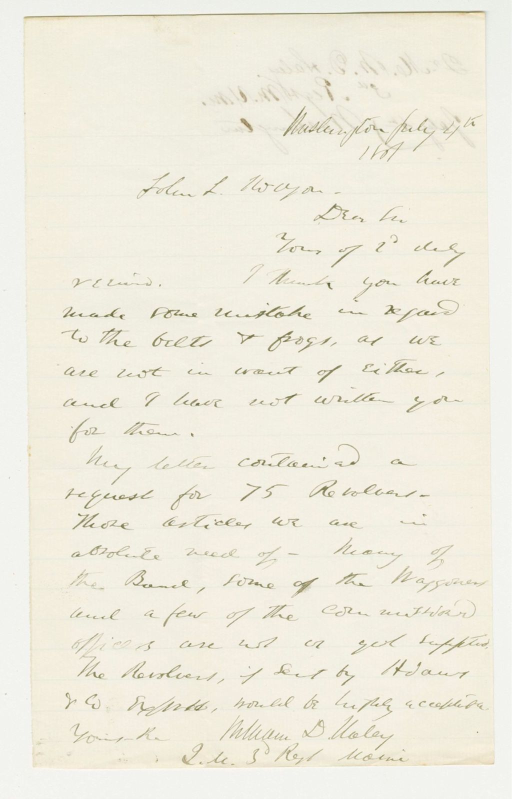 Miniature of Quarter Master William D. Haley requests revolvers
