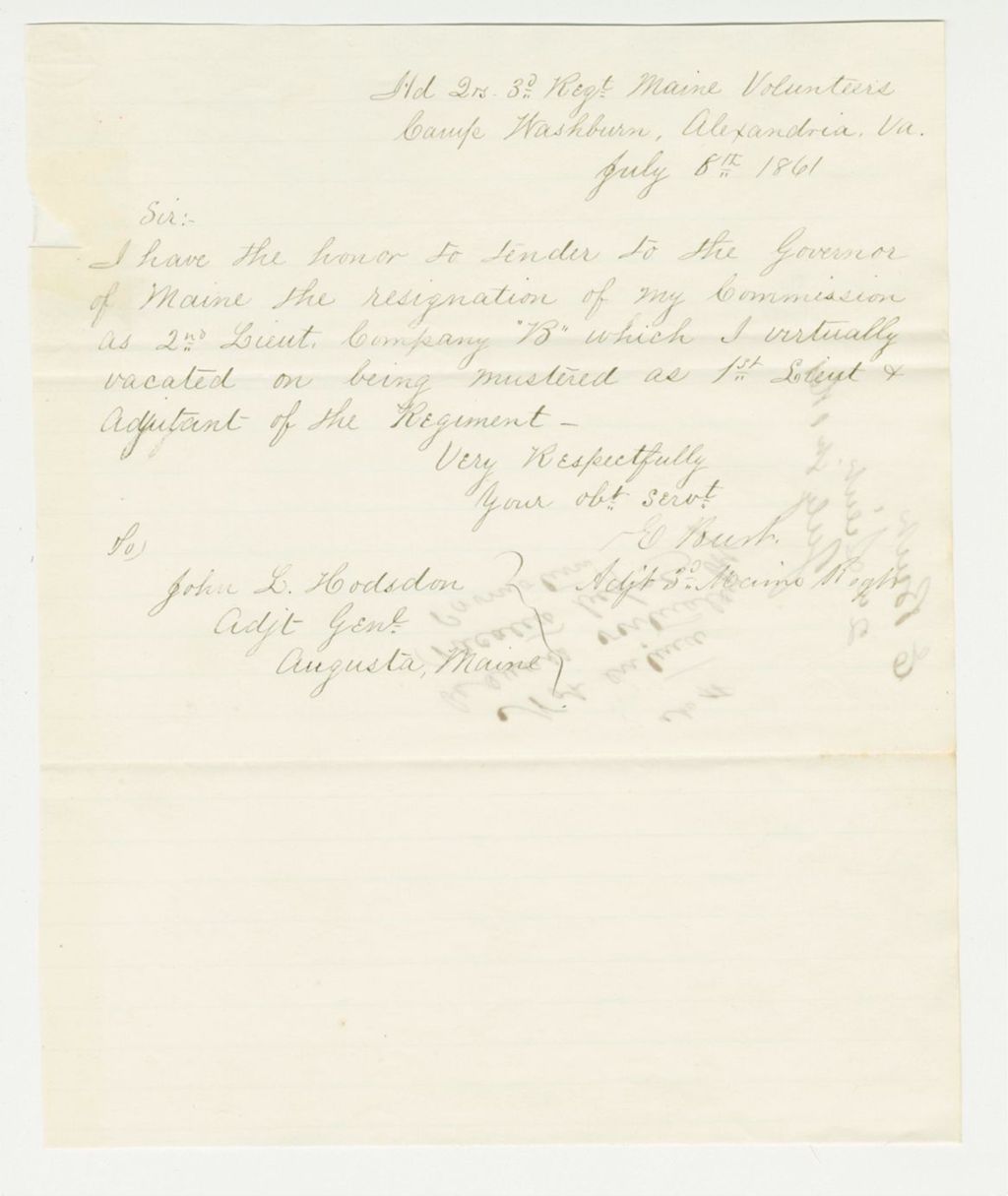 Miniature of Adjutant Edwin Burt sends his resignation as 2nd Lieutenant