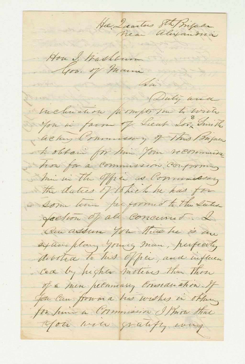 Miniature of Undated (circa 1861) - Dr. Daniel McRuer recommends Lieutenant Joseph S. Smith for promotion to Brigade Commissary