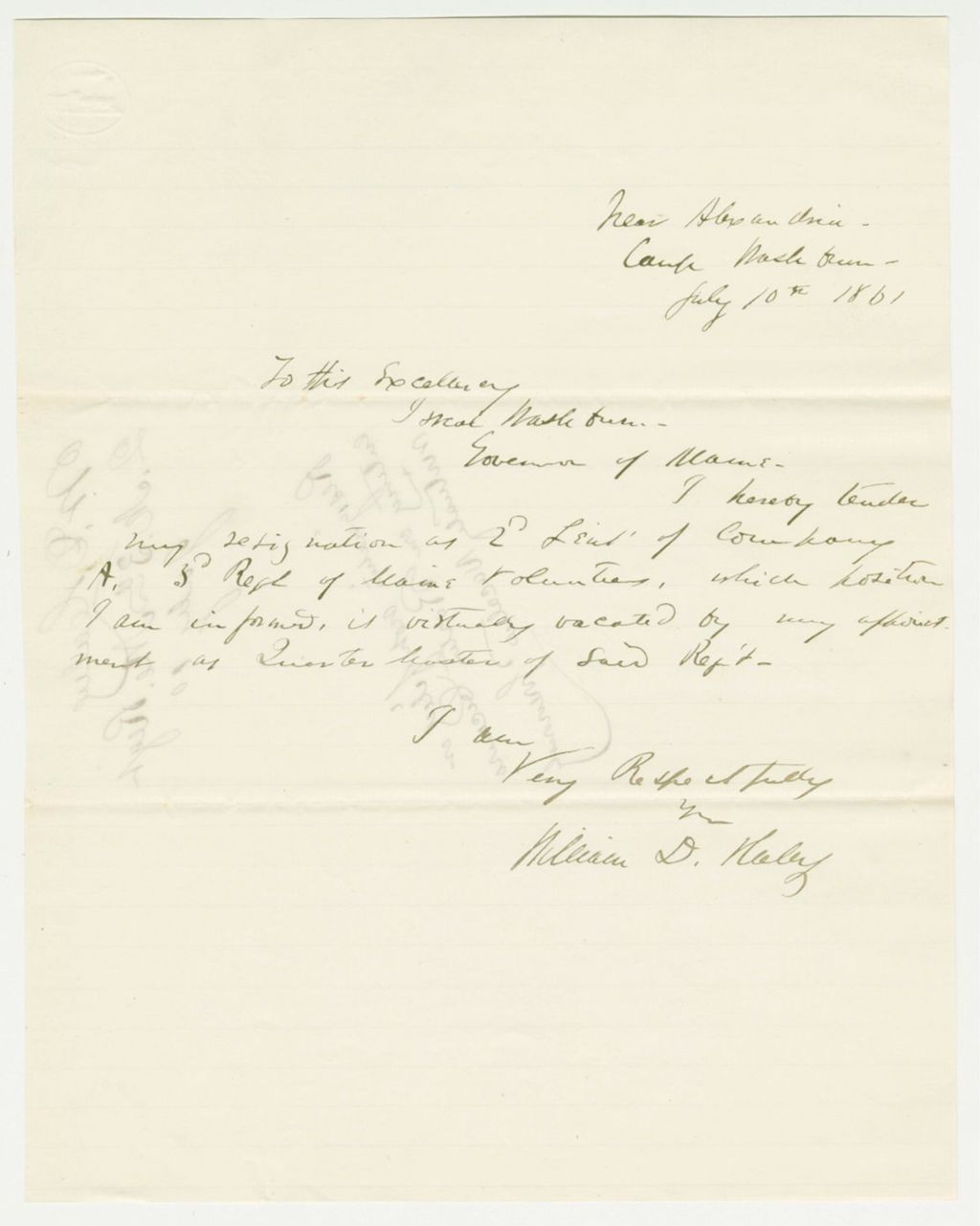 Miniature of William Haley resigns as 2nd Lieutenant of Company A to accept appointment as Quarter Master