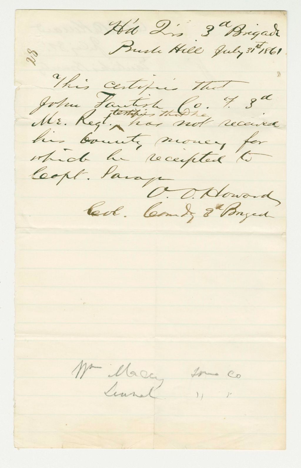 Miniature of Colonel Howard certifies that John Fortish of Company F has not received his bounty payment