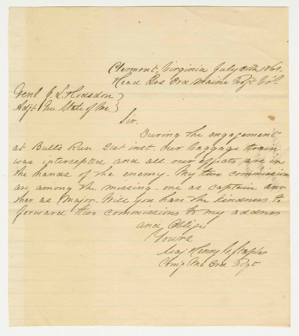Miniature of Major Henry Staples requests copies of his commissions, which were lost in the retreat from Bull Run