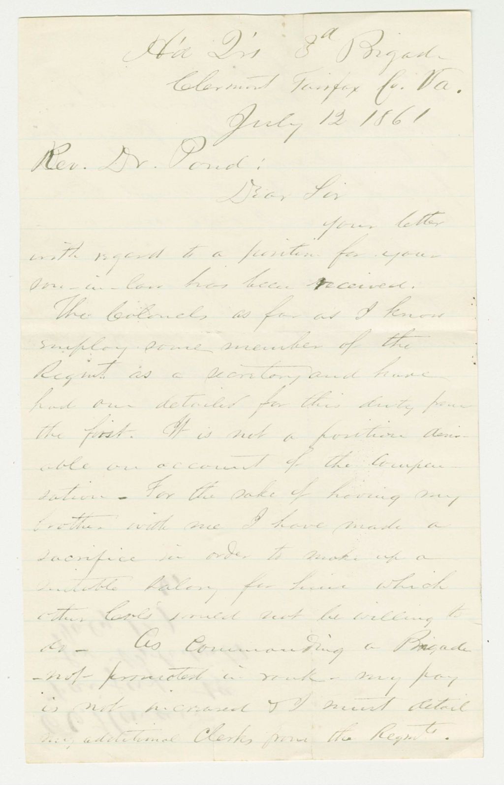 Miniature of Oliver Otis Howard regarding recommendation of Mr. Blodgett