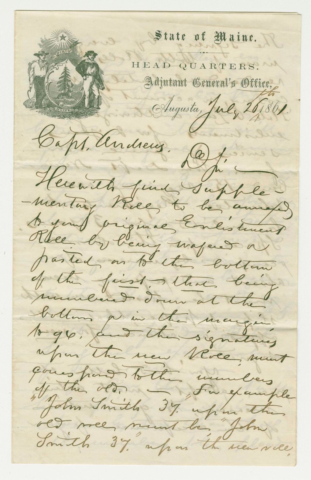 Miniature of Adjutant General Hodsdon writes Captain Andrews about supplementary enlistment rolls