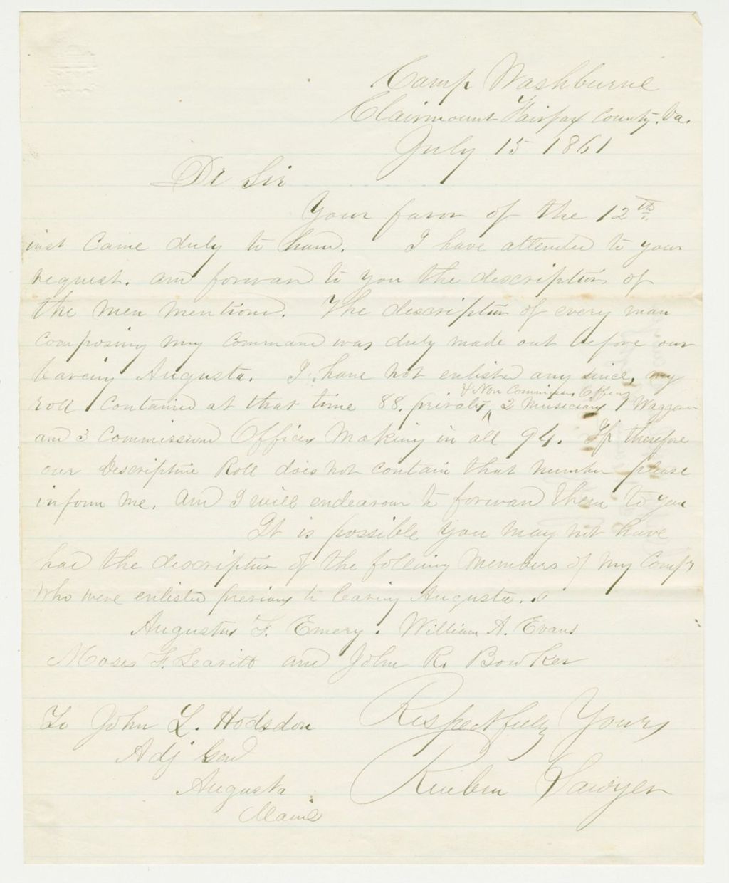 Miniature of Captain Reuben Sawyer forwards descriptive lists