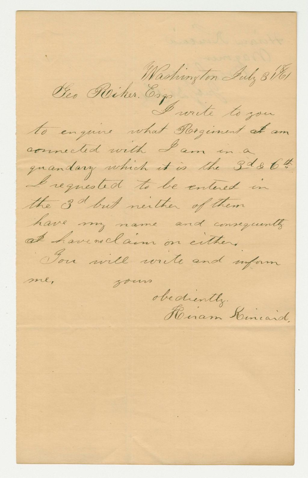 Miniature of Hiram Kincaid inquires which regiment he is enlisted in