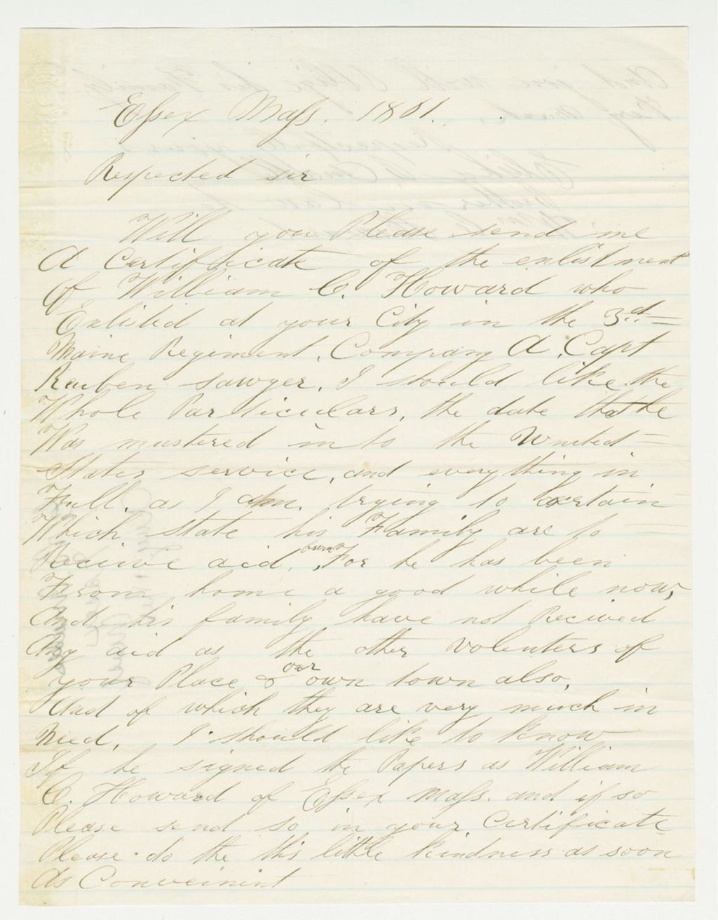 Miniature of Elisha B. Arable seeks the enlistment certificate of brother-in-law William C. Howard