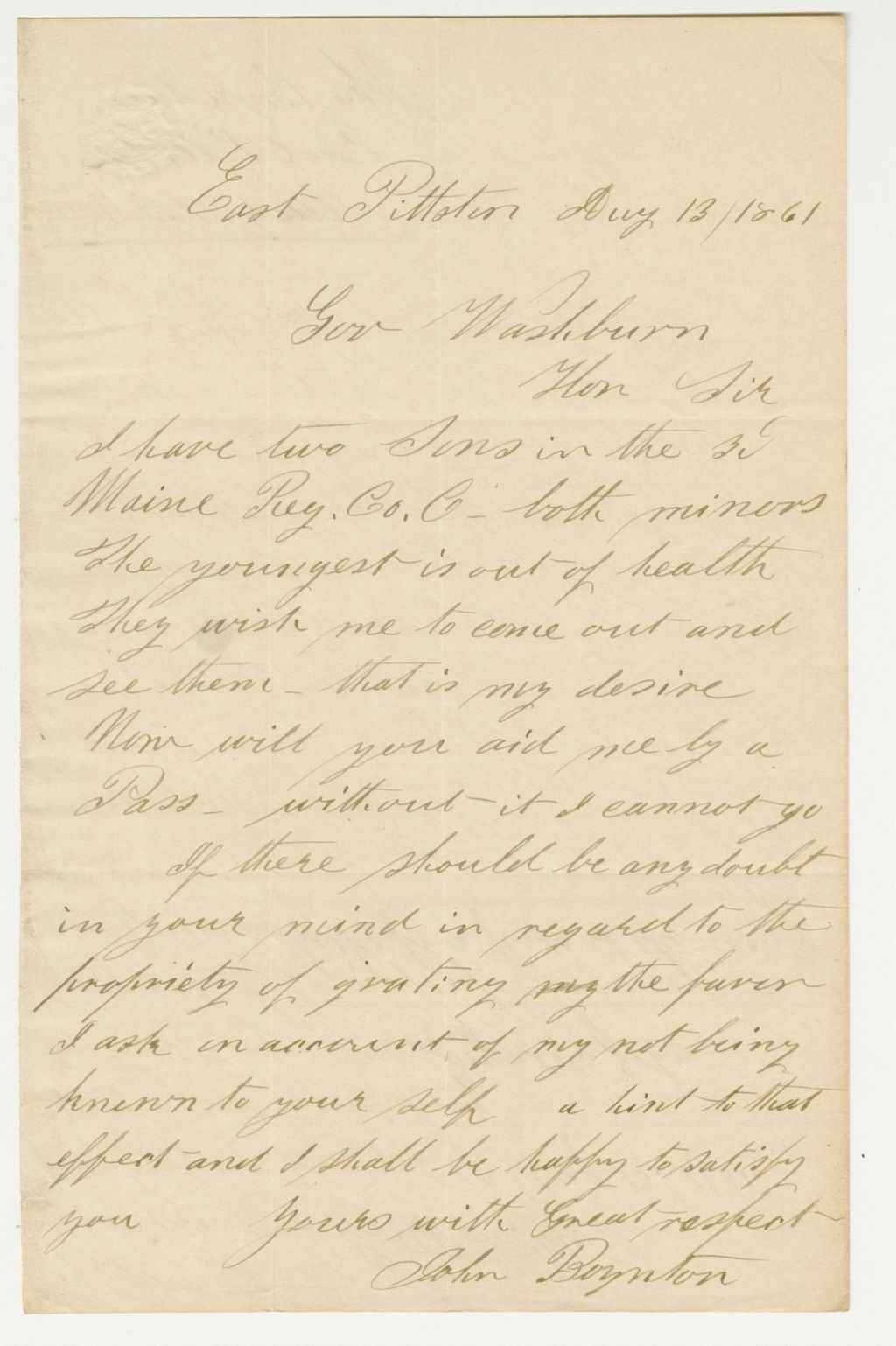 Miniature of John Boynton requests a pass to visit his two minor sons, who are in ill health