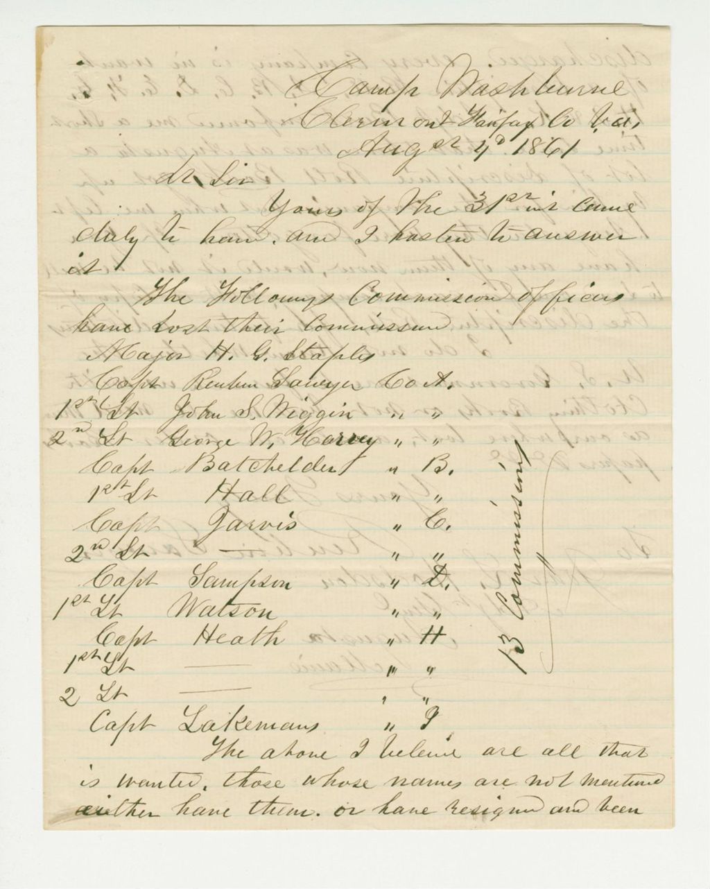 Miniature of Reuben Sawyer sends a list of officers who lost their commissions in the retreat from battle